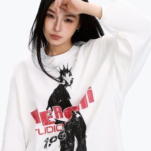 Unisex Long Sleeve Character Print T-Shirt - American Style, Loose Fit, Trendy Hip-Hop Streetwear, Cool 90s Vibe