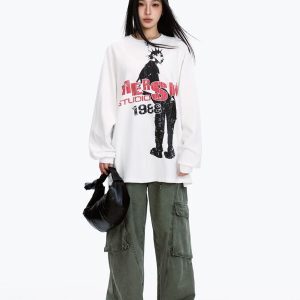 Unisex Long Sleeve Character Print T-Shirt - American Style, Loose Fit, Trendy Hip-Hop Streetwear, Cool 90s Vibe