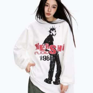Unisex Long Sleeve Character Print T-Shirt - American Style, Loose Fit, Trendy Hip-Hop Streetwear, Cool 90s Vibe