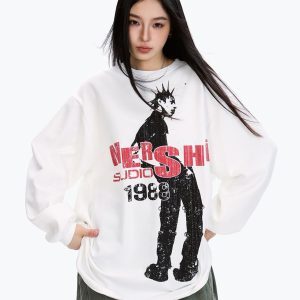 Unisex Long Sleeve Character Print T-Shirt - American Style, Loose Fit, Trendy Hip-Hop Streetwear, Cool 90s Vibe