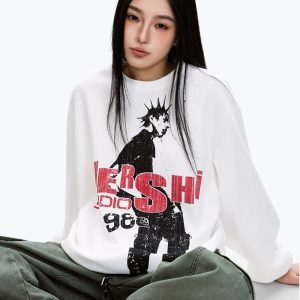 Unisex Long Sleeve Character Print T-Shirt - American Style, Loose Fit, Trendy Hip-Hop Streetwear, Cool 90s Vibe