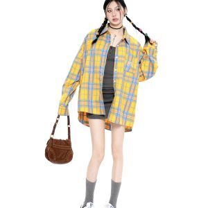 Unisex Loose Casual Long Sleeve Yellow Plaid Shirt Cardigan Jacket - 2024 Spring American Vintage BF Style