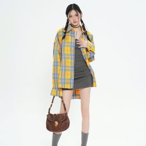 Unisex Loose Casual Long Sleeve Yellow Plaid Shirt Cardigan Jacket - 2024 Spring American Vintage BF Style