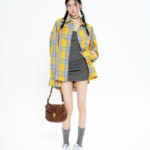 Unisex Loose Casual Long Sleeve Yellow Plaid Shirt Cardigan Jacket - 2024 Spring American Vintage BF Style