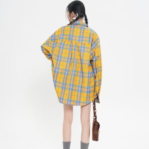 Unisex Loose Casual Long Sleeve Yellow Plaid Shirt Cardigan Jacket - 2024 Spring American Vintage BF Style
