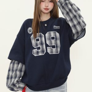 Unisex Loose College Style Round Neck Sweatshirt - Fake Two-Piece Design, Casual Spring Pullover for Street Youth Fashion