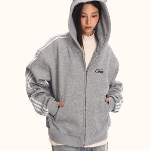 Unisex Loose Fit Hooded Sweatshirt Jacket - Vintage Striped Sports Cardigan, Trendy American 90s Style
