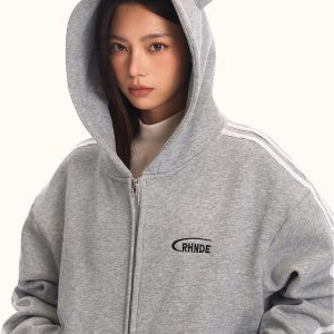 Unisex Loose Fit Hooded Sweatshirt Jacket - Vintage Striped Sports Cardigan, Trendy American 90s Style