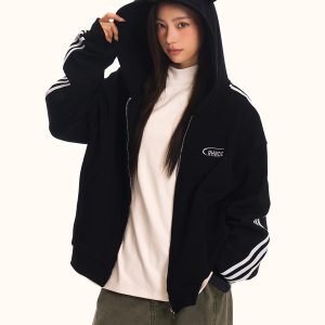 Unisex Loose Fit Hooded Sweatshirt Jacket - Vintage Striped Sports Cardigan, Trendy American 90s Style