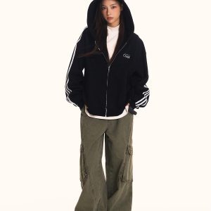 Unisex Loose Fit Hooded Sweatshirt Jacket - Vintage Striped Sports Cardigan, Trendy American 90s Style