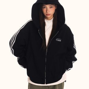 Unisex Loose Fit Hooded Sweatshirt Jacket - Vintage Striped Sports Cardigan, Trendy American 90s Style