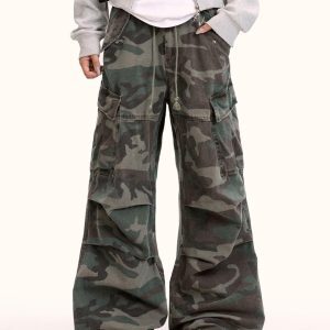 Unisex Loose Retro Hip-Hop Camouflage Parachute Cargo Pants - Straight Leg Wide-Leg Streetwear