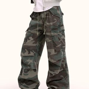 Unisex Loose Retro Hip-Hop Camouflage Parachute Cargo Pants - Straight Leg Wide-Leg Streetwear