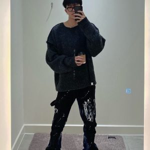 Unisex Loose Straight High Street Jeans with Ink Splash Design - Trendy 90s Inspired Pants