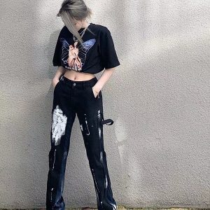 Unisex Loose Straight High Street Jeans with Ink Splash Design - Trendy 90s Inspired Pants