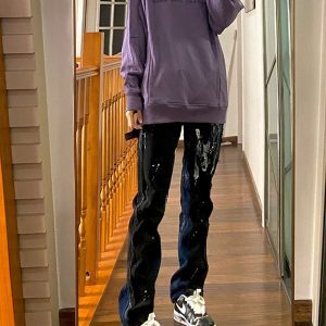 Unisex Loose Straight High Street Jeans with Ink Splash Design - Trendy 90s Inspired Pants