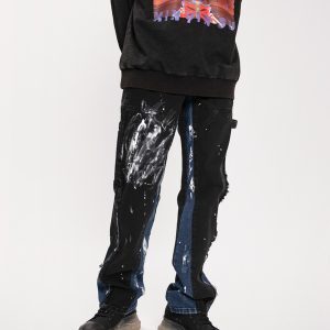 Unisex Loose Straight High Street Jeans with Ink Splash Design - Trendy 90s Inspired Pants