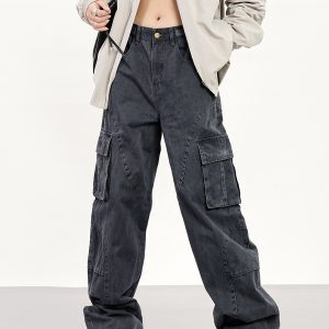 Unisex Oversized Multi-Pocket Loose Work Pants - Straight Leg Floor-Length Wide-Leg Style for Casual & Streetwear Fashion
