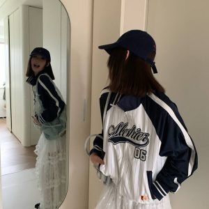 Unisex Patchwork Striped Sports Jacket with Stand Collar – Casual Loose Outerwear for Spring & Autumn, American Style