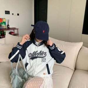 Unisex Patchwork Striped Sports Jacket with Stand Collar – Casual Loose Outerwear for Spring & Autumn, American Style