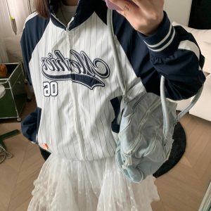 Unisex Patchwork Striped Sports Jacket with Stand Collar – Casual Loose Outerwear for Spring & Autumn, American Style