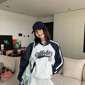 Unisex Patchwork Striped Sports Jacket with Stand Collar – Casual Loose Outerwear for Spring & Autumn, American Style