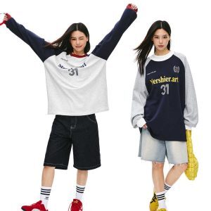 Unisex Retro American Sports Jersey Sweatshirt - Thin Raglan Sleeve Casual Couple Top