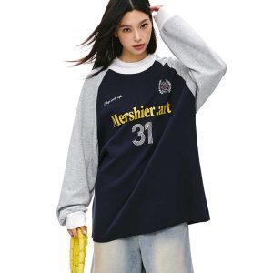 Unisex Retro American Sports Jersey Sweatshirt - Thin Raglan Sleeve Casual Couple Top