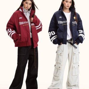 Unisex Retro Blockette Casual Cotton Jersey Jacket - Loose Fit American Sports Style Coat for Trendy Everyday Wear
