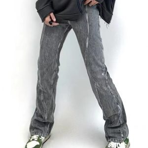 Unisex Retro Denim Pants with Split Design - High Street Fashion, Loose Micro-Flare, Vintage Inspired, Y2K Style