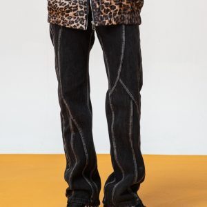 Unisex Retro Denim Pants with Split Design - High Street Fashion, Loose Micro-Flare, Vintage Inspired, Y2K Style