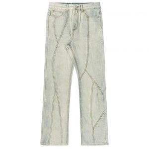 Unisex Retro Denim Pants with Split Design - High Street Fashion, Loose Micro-Flare, Vintage Inspired, Y2K Style