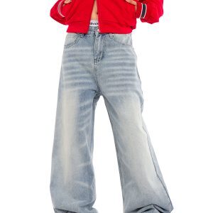Unisex Retro Distressed Light Blue High Street Straight-Leg Jeans with Cat Whisker Wash – Loose Fit American Style Pants