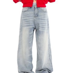 Unisex Retro Distressed Light Blue High Street Straight-Leg Jeans with Cat Whisker Wash – Loose Fit American Style Pants
