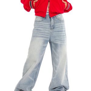 Unisex Retro Distressed Light Blue High Street Straight-Leg Jeans with Cat Whisker Wash – Loose Fit American Style Pants