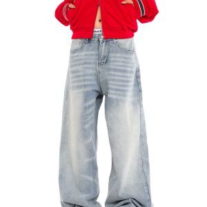 Unisex Retro Distressed Light Blue High Street Straight-Leg Jeans with Cat Whisker Wash – Loose Fit American Style Pants