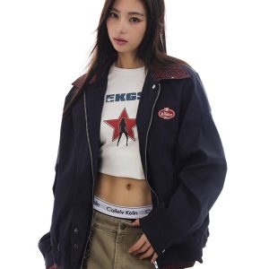 Unisex Retro Plaid Spliced Jacket - American Barn Style Loose Versatile Outerwear for Trendy 90s and Y2K Fashion