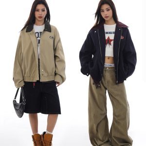 Unisex Retro Plaid Spliced Jacket - American Barn Style Loose Versatile Outerwear for Trendy 90s and Y2K Fashion
