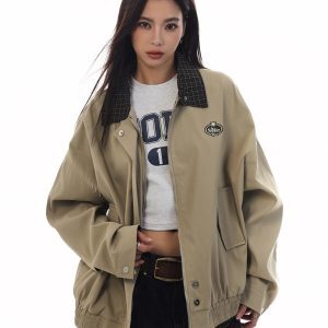 Unisex Retro Plaid Spliced Jacket - American Barn Style Loose Versatile Outerwear for Trendy 90s and Y2K Fashion