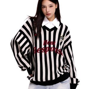 Unisex Retro Striped Sweater Jacket - Loose American Sports Style Top for Men and Women, Vintage-Inspired, Casual Fashion