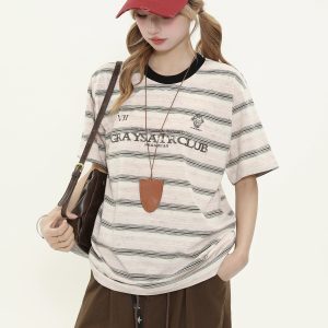 Unisex Retro Tie-Dye Distressed Striped Short Sleeve T-Shirt - Loose Fit Couple's Summer Top