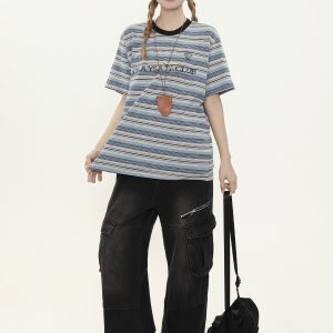 Unisex Retro Tie-Dye Distressed Striped Short Sleeve T-Shirt - Loose Fit Couple's Summer Top