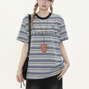 Unisex Retro Tie-Dye Distressed Striped Short Sleeve T-Shirt - Loose Fit Couple's Summer Top