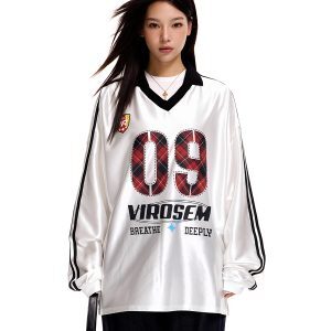 Unisex Retro V-Neck Plaid Sweatshirt - American Style Sports Jersey Hip Hop Top for 90s and Y2K Fashion