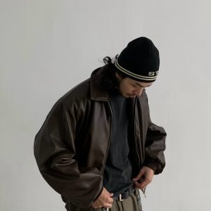 Unisex Retro Vintage Leather Jacket, Clean Fit American Style, Short Thick Cotton Coat, Trendy 90s Fashion