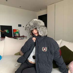 Unisex Stand Collar Embroidered Plaid Cotton Jacket - Casual Loose Fit Puffer Coat for Winter, American Style Fashion