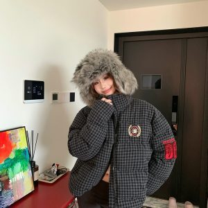 Unisex Stand Collar Embroidered Plaid Cotton Jacket - Casual Loose Fit Puffer Coat for Winter, American Style Fashion