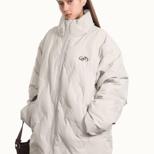 Unisex Thickened White Duck Down Winter Coat with Stand Collar - Loose Fit American Style for 90s Inspired Fashion
