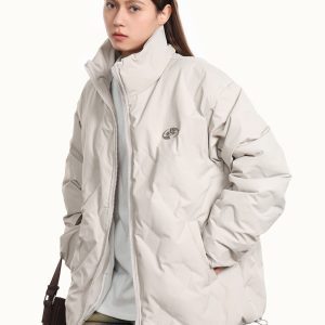 Unisex Thickened White Duck Down Winter Coat with Stand Collar - Loose Fit American Style for 90s Inspired Fashion