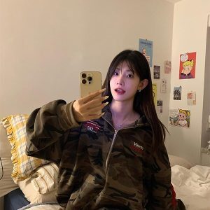 Unisex Vintage Embroidered Camouflage Hoodie Cardigan - Casual Loose Fit Jacket for Autumn Winter Fashion